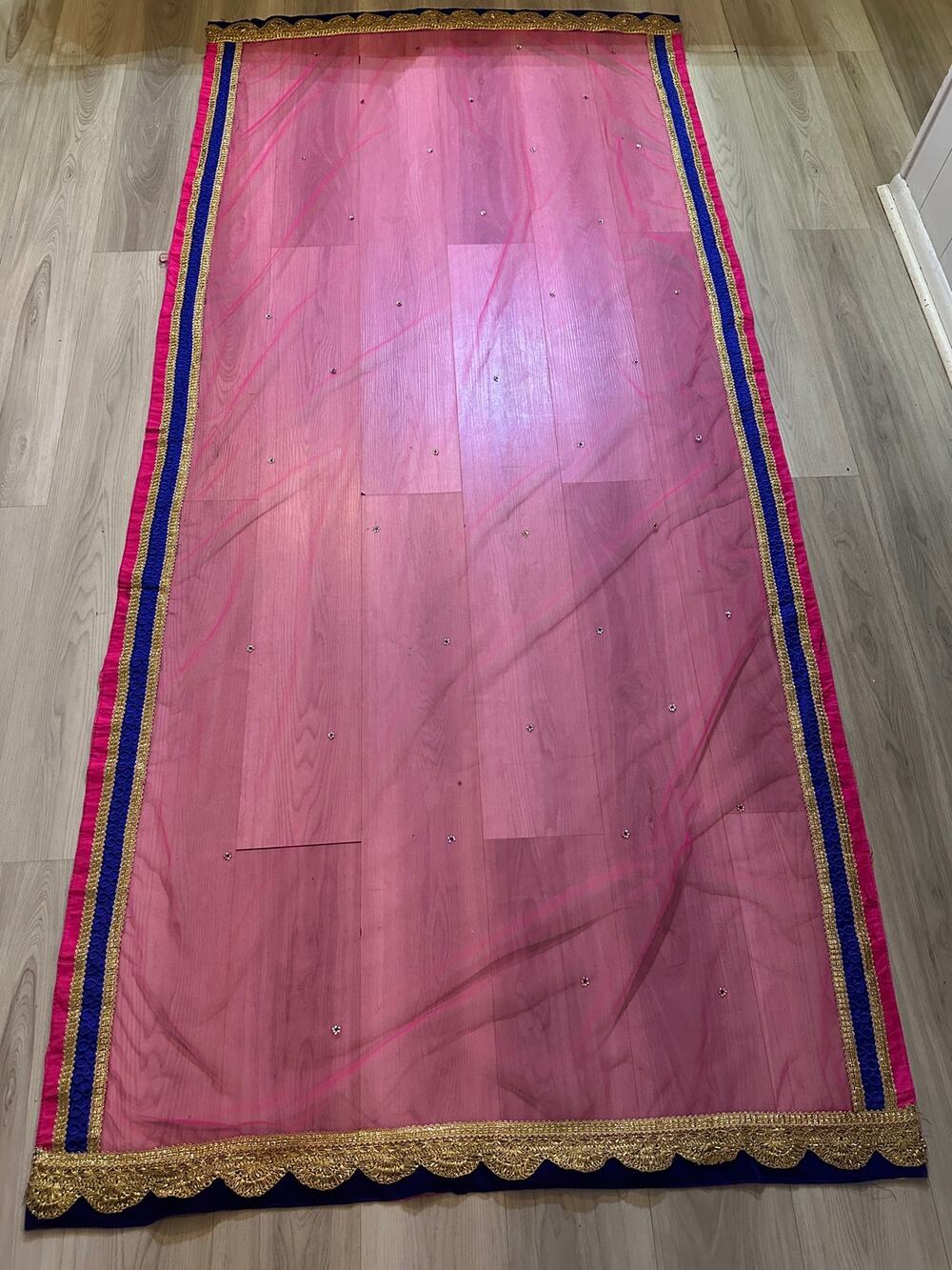 Vintage Pink Dupatta Scalloped Gold Lace Royal Blue Ribbon Border Bridal Veil
